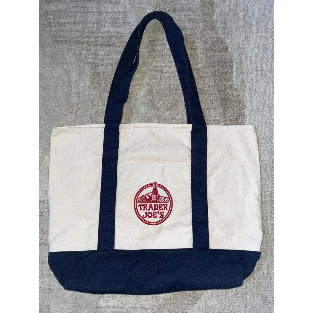 Trader Joe's Canvas Tote Bag Navy Blue Cream Embroidered Logo Reusable Grocery